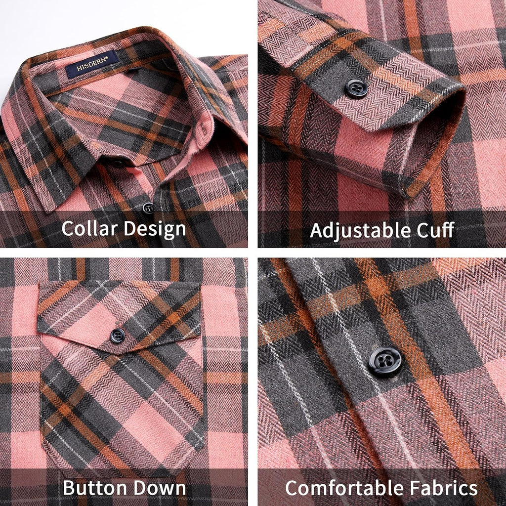 HISDERN Långärmad vardaglig rutig flanellskjorta rutig tartan button-down-skjortor för män S-4XL