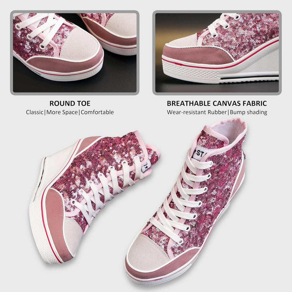 Högklackade blingskor för kvinnor vardagsskor mode glittrande sneakers för promenadplattform kilpumpskor