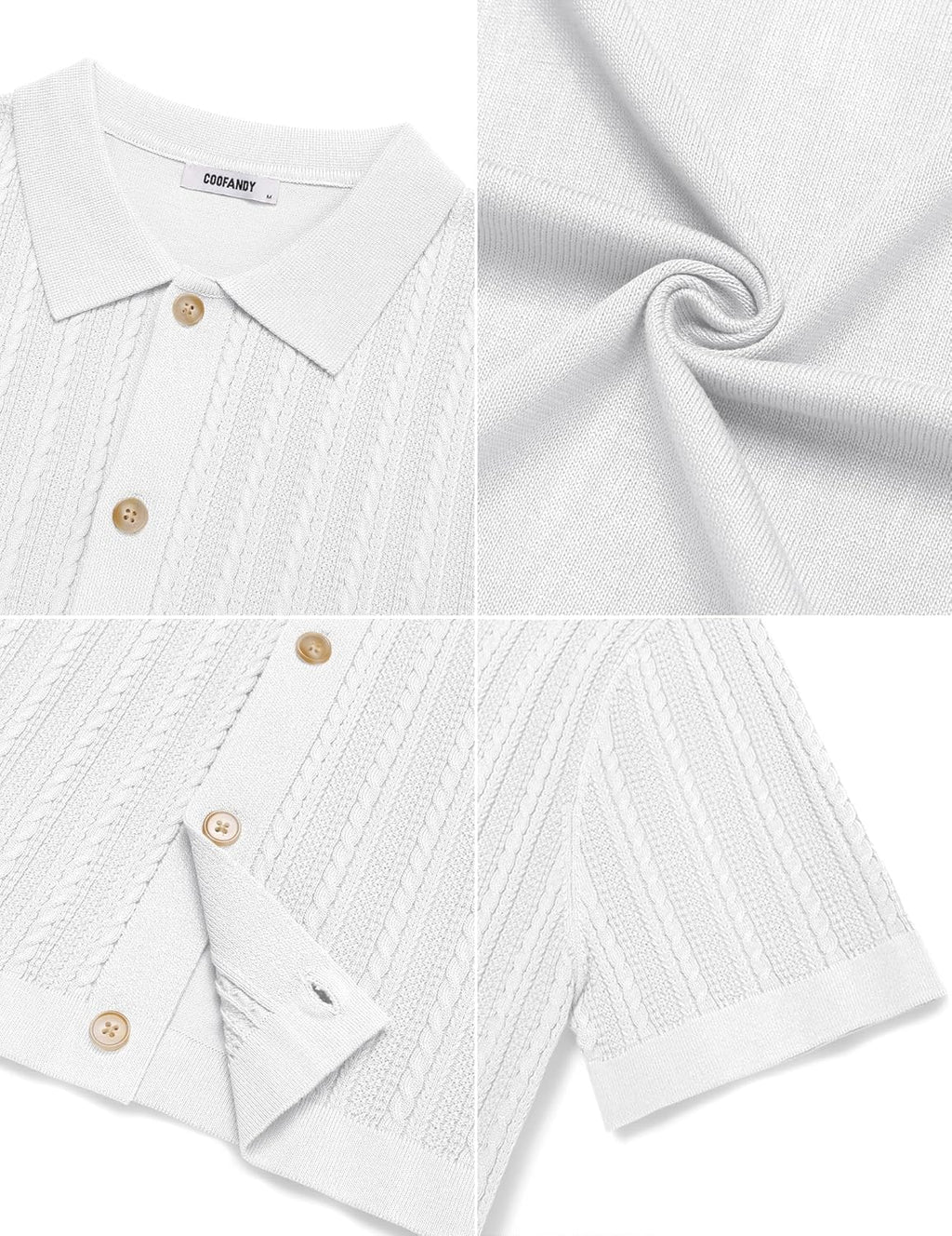 COOFANDY Herr kortärmad stickad pikétröja stretch kabel stickad full knapp golfskjorta polo t-shirt