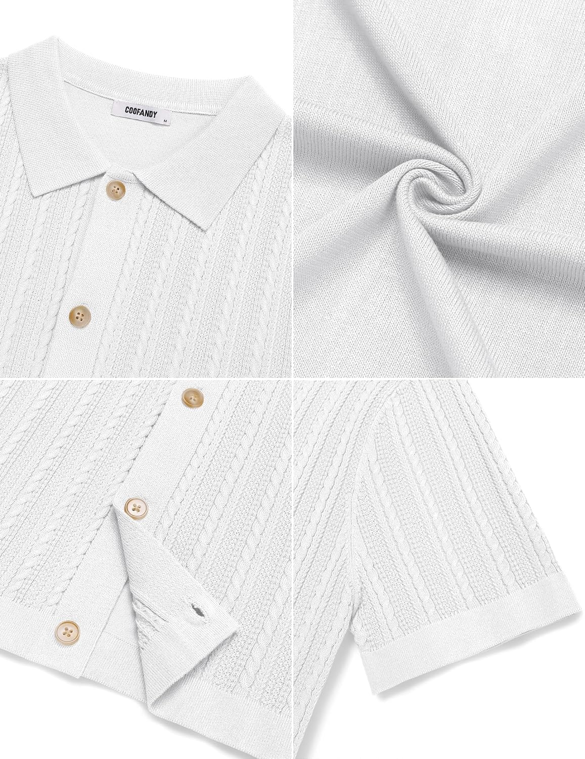 COOFANDY Herr kortärmad stickad pikétröja stretch kabel stickad full knapp golfskjorta polo t-shirt