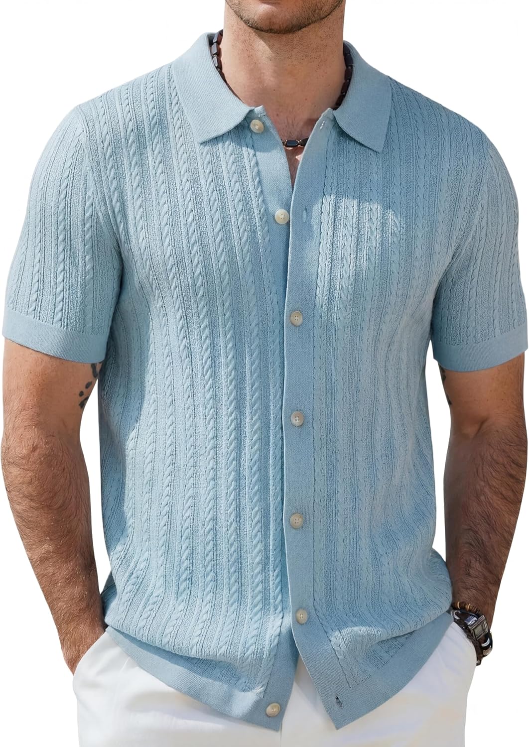 COOFANDY Herr kortärmad stickad pikétröja stretch kabel stickad full knapp golfskjorta polo t-shirt