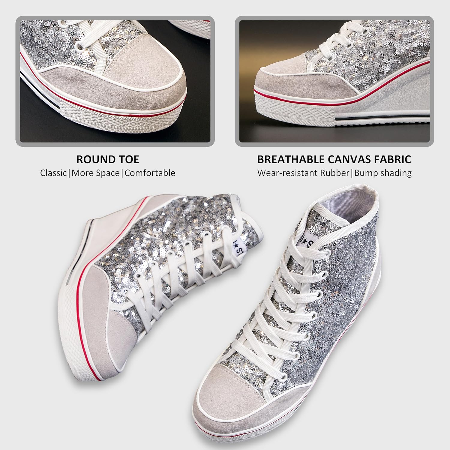 Högklackade blingskor för kvinnor vardagsskor mode glittrande sneakers för promenadplattform kilpumpskor