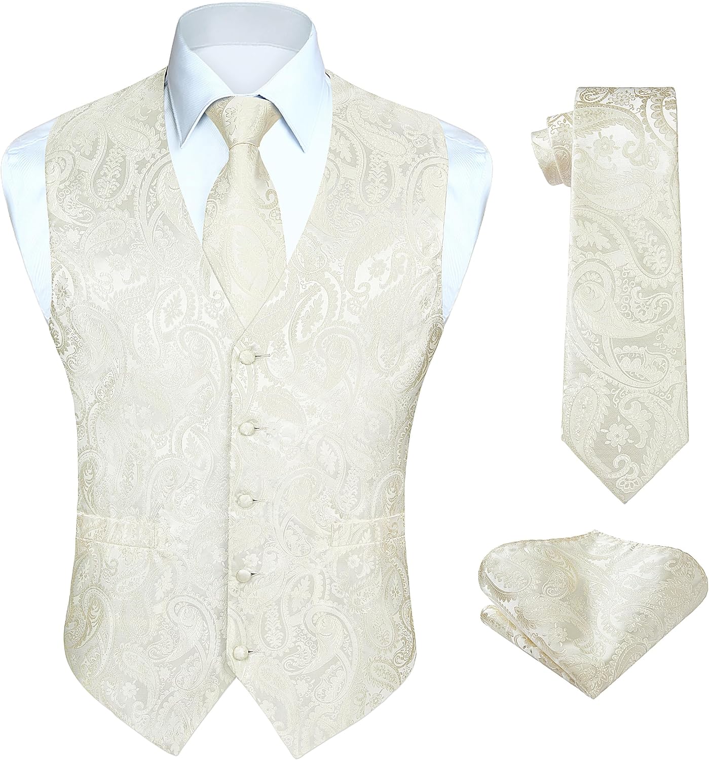 Hisdern Herrväst med paisleymönster, blommig jacquard-slips, bröstnäsduk och näsduk, perfekt för bröllop, fest eller affärsmöten, väst-set för kostym i storlekarna XS–6XL