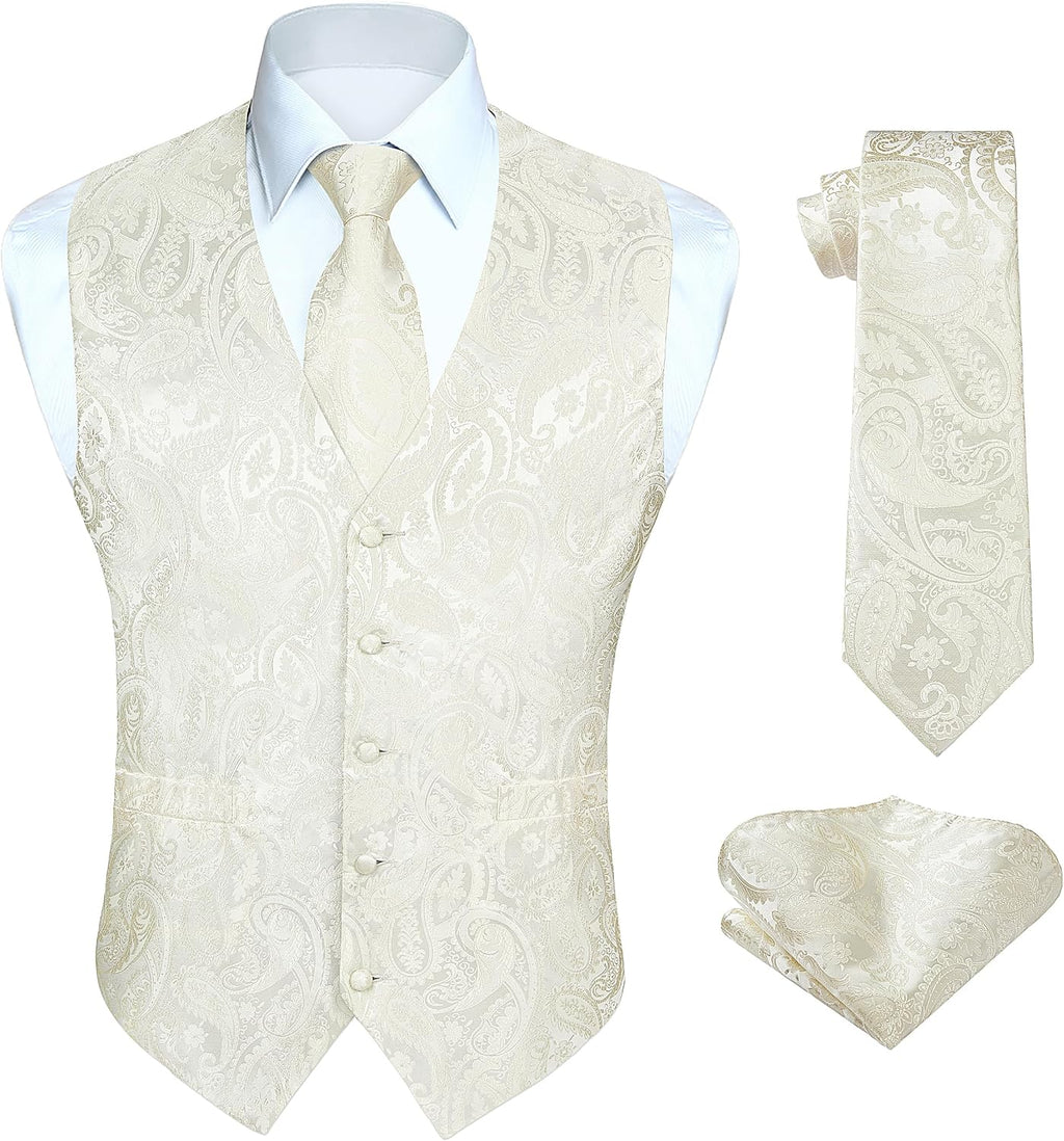 Hisdern Herrväst med paisleymönster, blommig jacquard-slips, bröstnäsduk och näsduk, perfekt för bröllop, fest eller affärsmöten, väst-set för kostym i storlekarna XS–6XL