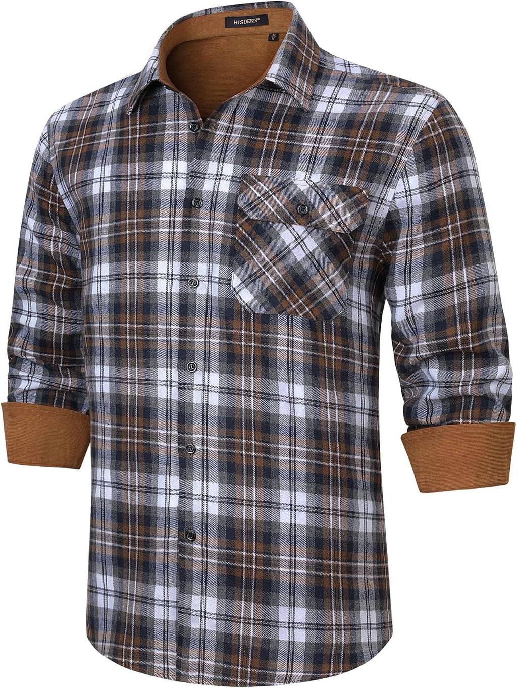 HISDERN Långärmad vardaglig rutig flanellskjorta rutig tartan button-down-skjortor för män S-4XL