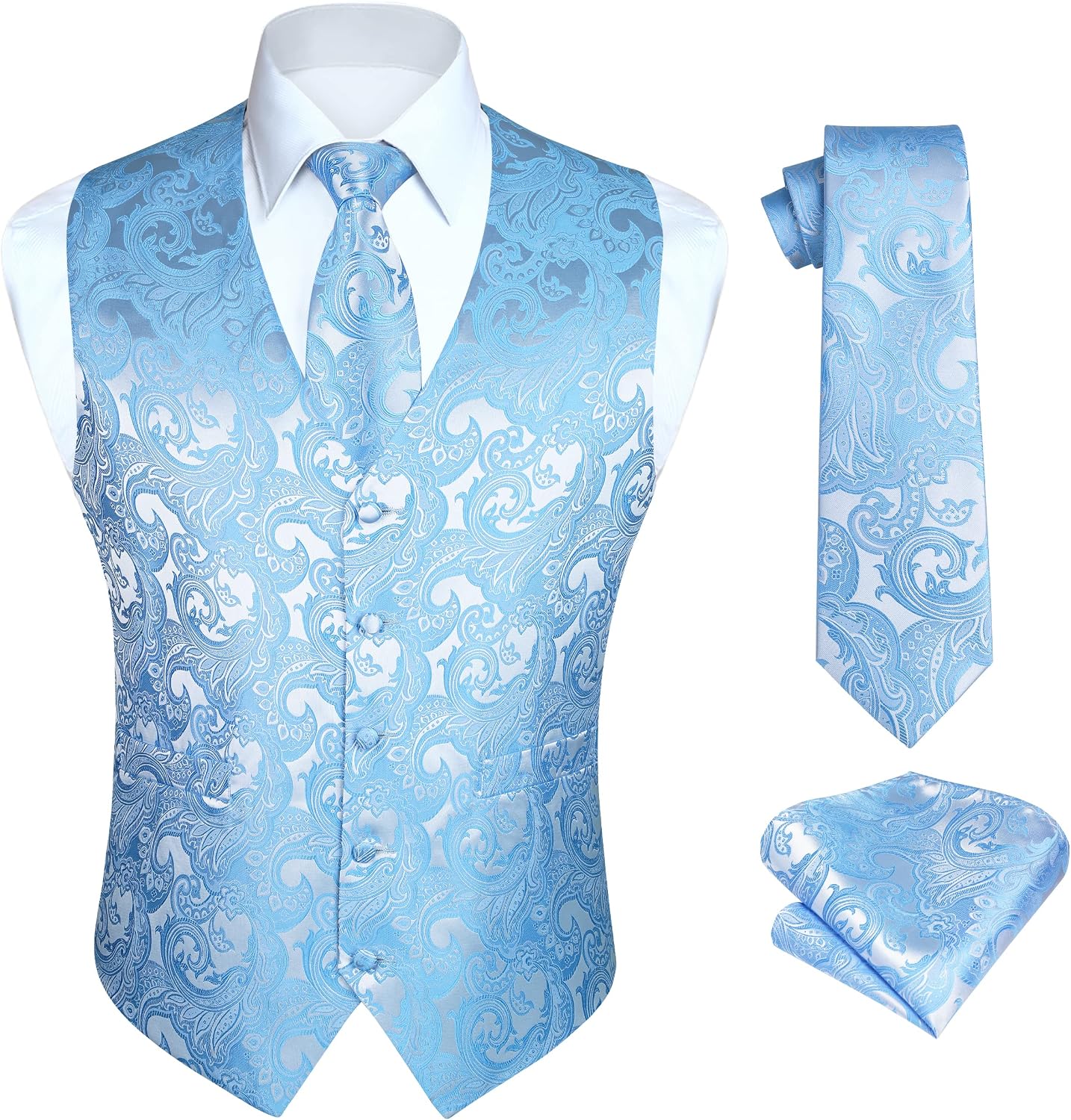 Hisdern Herrväst med paisleymönster, blommig jacquard-slips, bröstnäsduk och näsduk, perfekt för bröllop, fest eller affärsmöten, väst-set för kostym i storlekarna XS–6XL