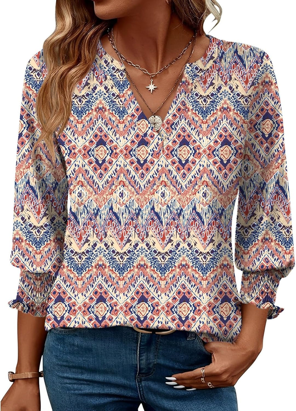 Rapbin Damblus med 3/4-ärm, lång V-ringad tunika, sommartopp, elegant, ledig blus, topp
