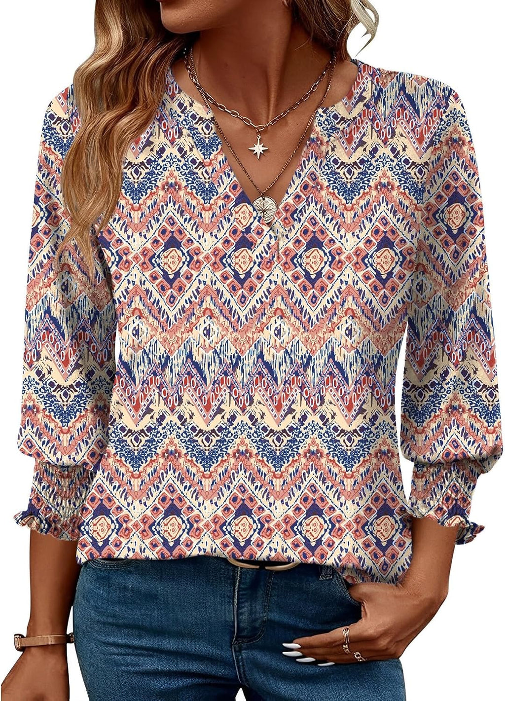 Rapbin Damblus med 3/4-ärm, lång V-ringad tunika, sommartopp, elegant, ledig blus, topp