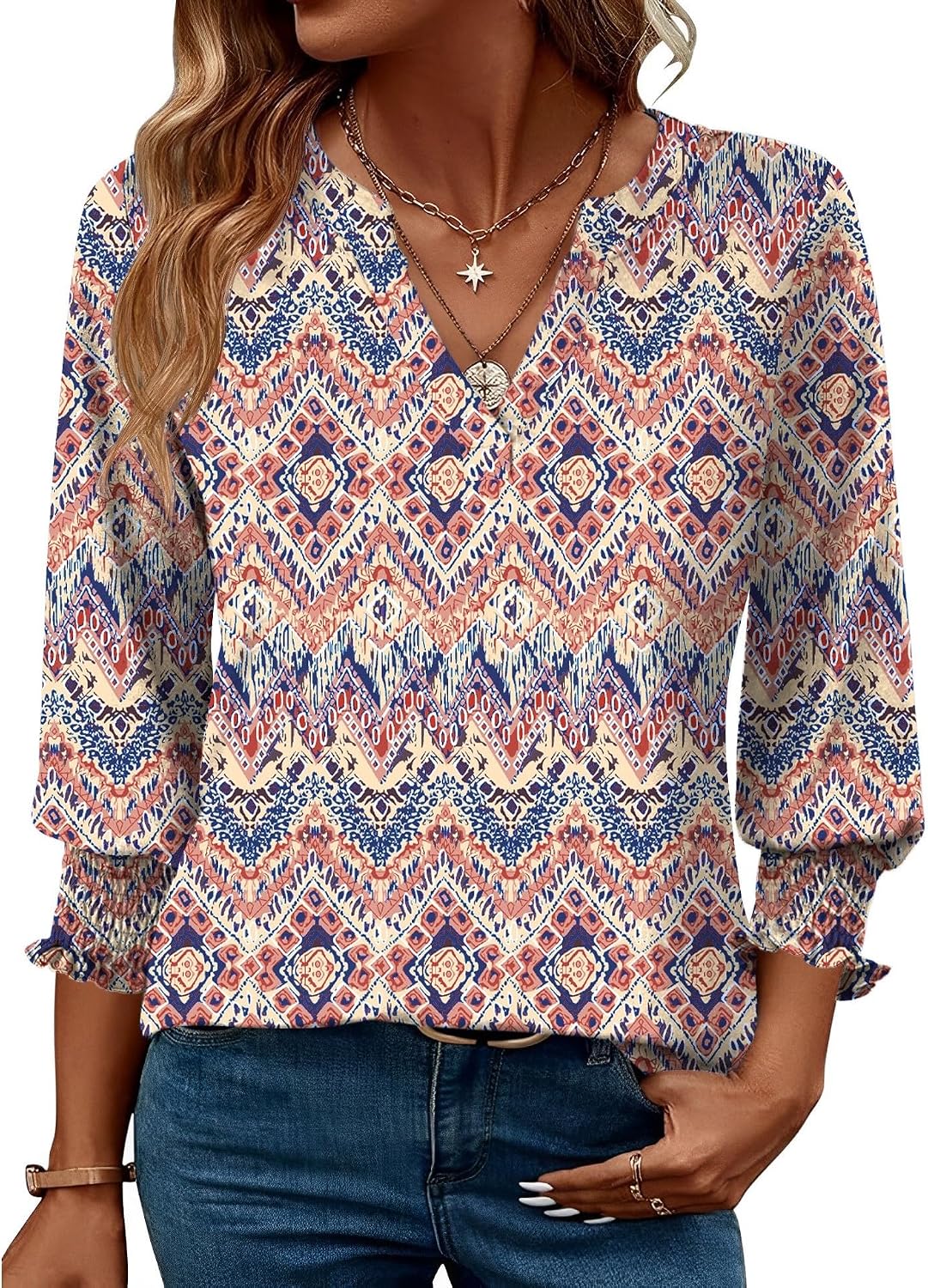 Rapbin Damblus med 3/4-ärm, lång V-ringad tunika, sommartopp, elegant, ledig blus, topp