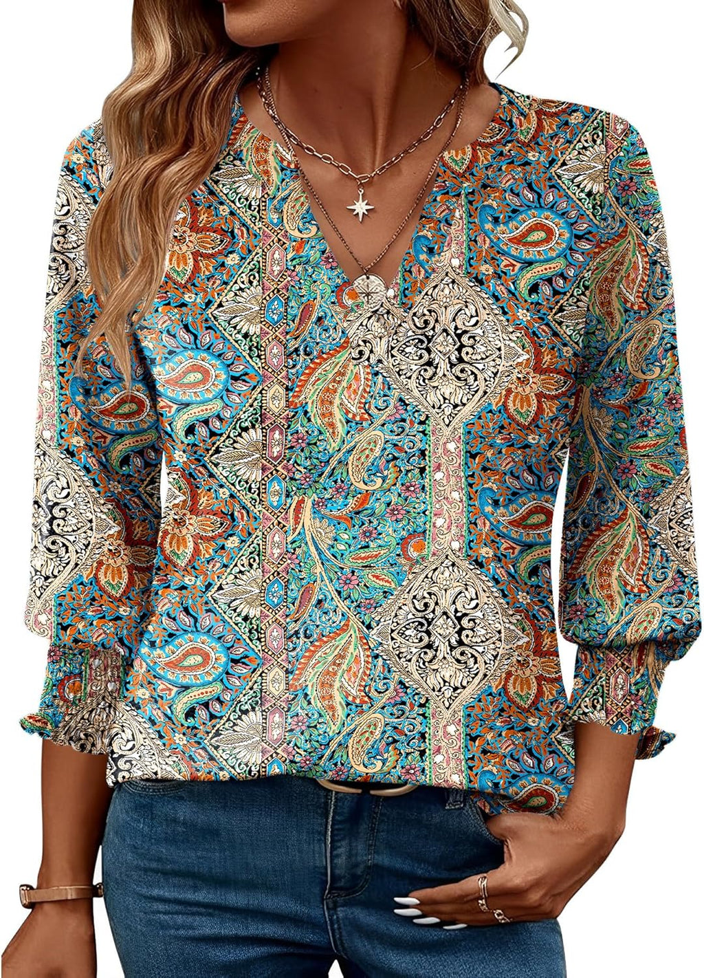Rapbin Damblus med 3/4-ärm, lång V-ringad tunika, sommartopp, elegant, ledig blus, topp
