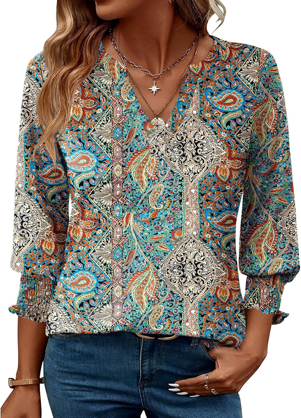 Rapbin Damblus med 3/4-ärm, lång V-ringad tunika, sommartopp, elegant, ledig blus, topp