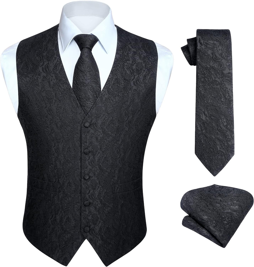 Hisdern Herrväst med paisleymönster, blommig jacquard-slips, bröstnäsduk och näsduk, perfekt för bröllop, fest eller affärsmöten, väst-set för kostym i storlekarna XS–6XL