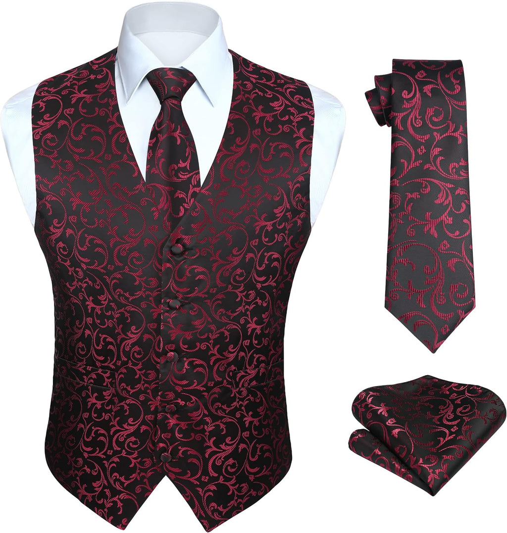 Hisdern Herrväst med paisleymönster, blommig jacquard-slips, bröstnäsduk och näsduk, perfekt för bröllop, fest eller affärsmöten, väst-set för kostym i storlekarna XS–6XL