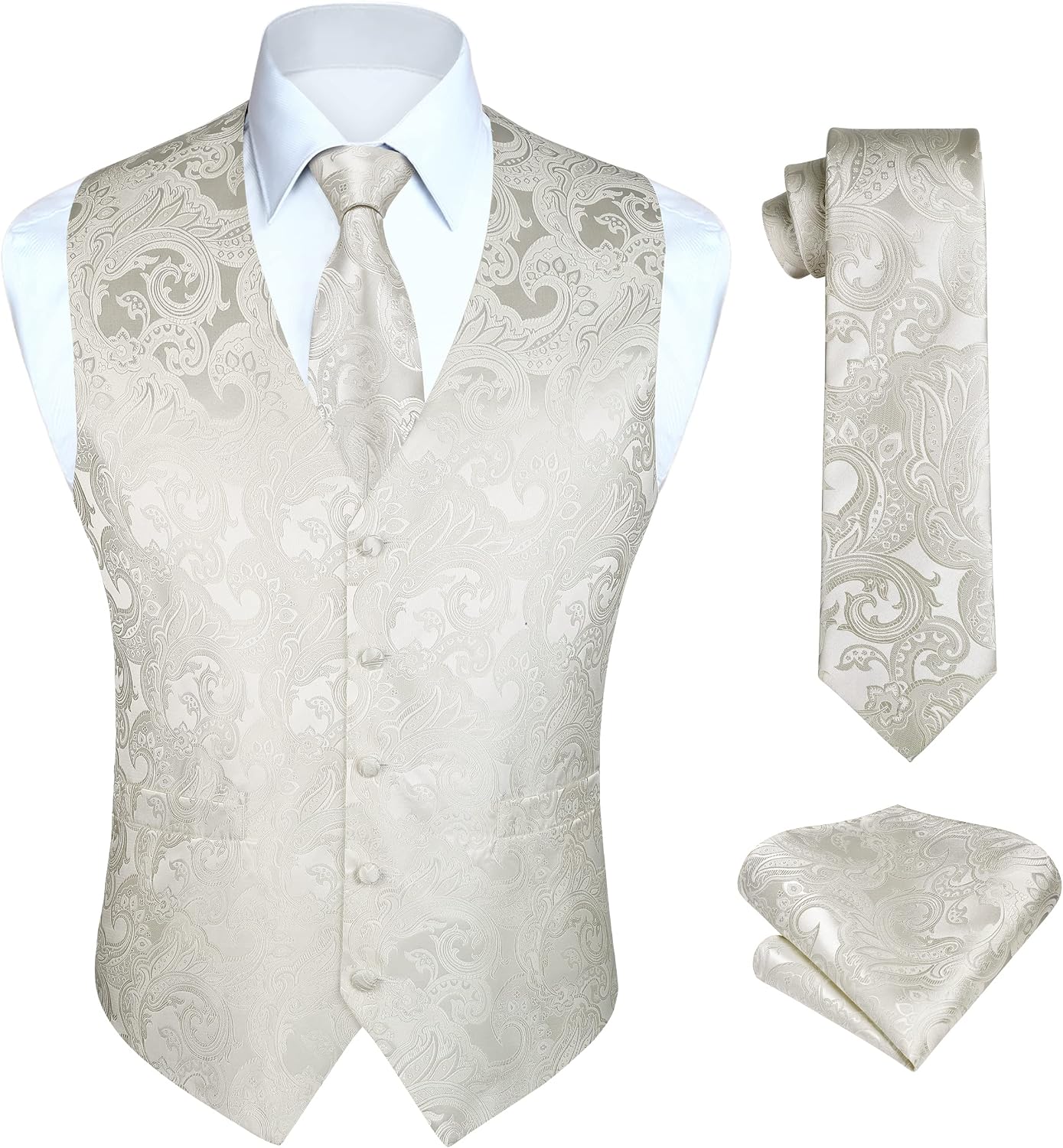 Hisdern Herrväst med paisleymönster, blommig jacquard-slips, bröstnäsduk och näsduk, perfekt för bröllop, fest eller affärsmöten, väst-set för kostym i storlekarna XS–6XL