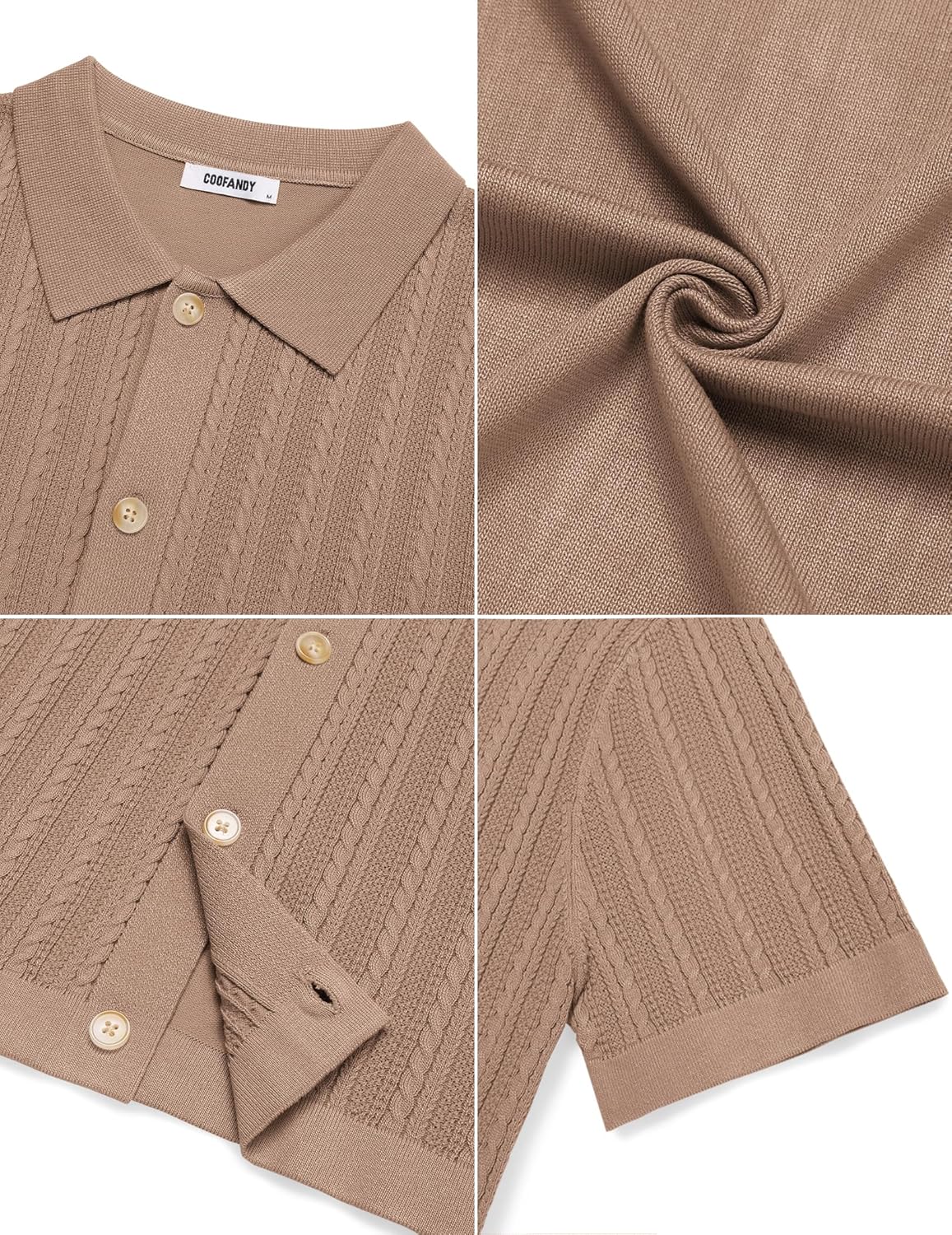COOFANDY Herr kortärmad stickad pikétröja stretch kabel stickad full knapp golfskjorta polo t-shirt