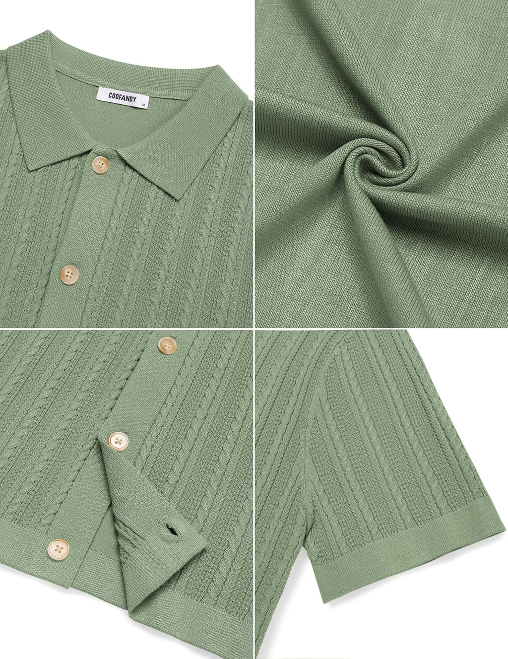 COOFANDY Herr kortärmad stickad pikétröja stretch kabel stickad full knapp golfskjorta polo t-shirt