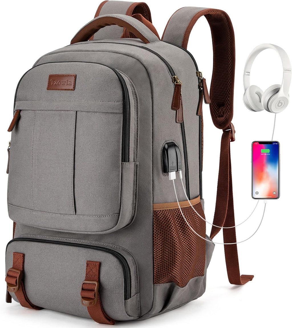 Tzowla Canvas Ryggsäckar för Laptop,Ryggsäck Skola Vandring för Herr och Dam,Reseryggsäck,Dator Bokväska Passar 15,6-17,3 Tum Bärbar Dator med USB Laddnings Port