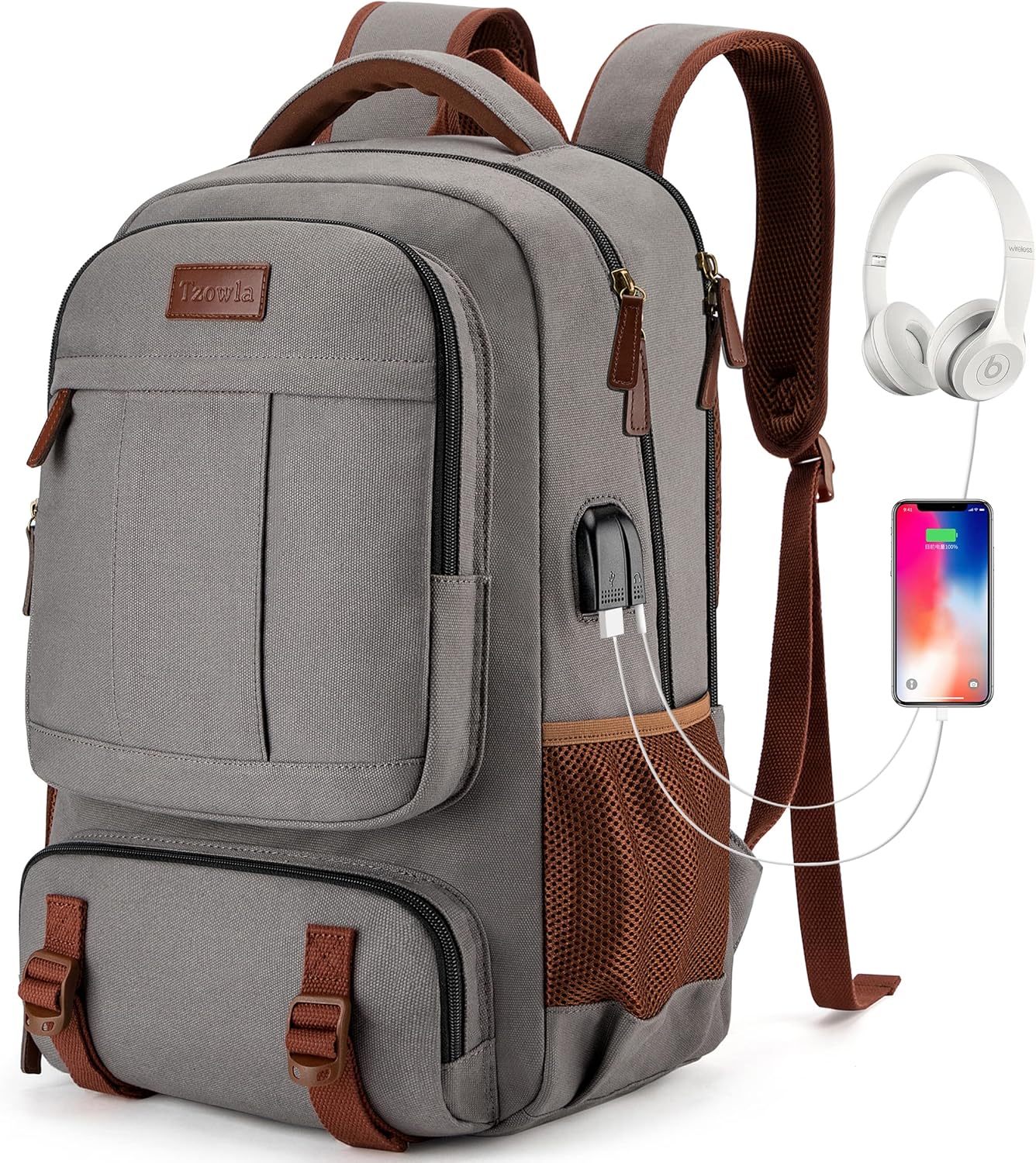 Tzowla Canvas Ryggsäckar för Laptop,Ryggsäck Skola Vandring för Herr och Dam,Reseryggsäck,Dator Bokväska Passar 15,6-17,3 Tum Bärbar Dator med USB Laddnings Port