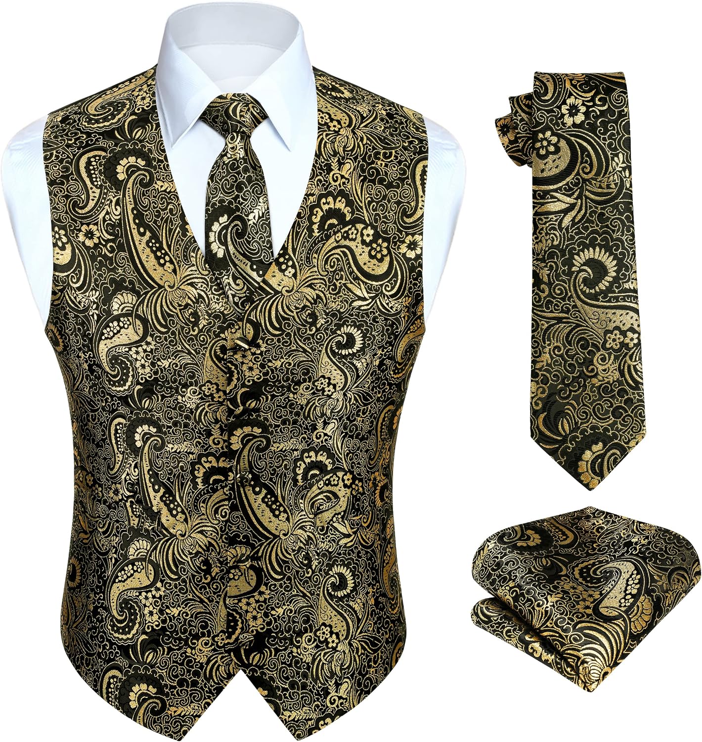 Hisdern Herrväst med paisleymönster, blommig jacquard-slips, bröstnäsduk och näsduk, perfekt för bröllop, fest eller affärsmöten, väst-set för kostym i storlekarna XS–6XL