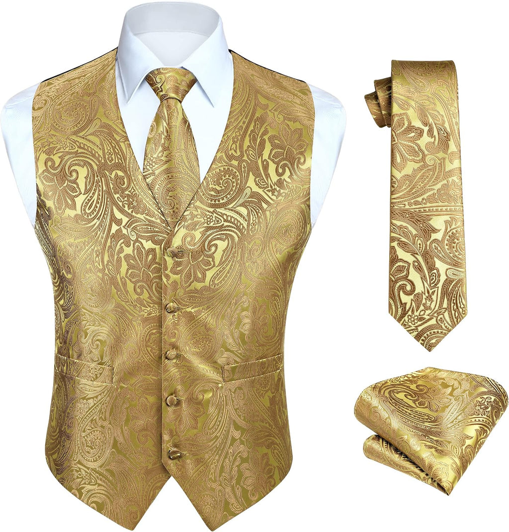 Hisdern Herrväst med paisleymönster, blommig jacquard-slips, bröstnäsduk och näsduk, perfekt för bröllop, fest eller affärsmöten, väst-set för kostym i storlekarna XS–6XL
